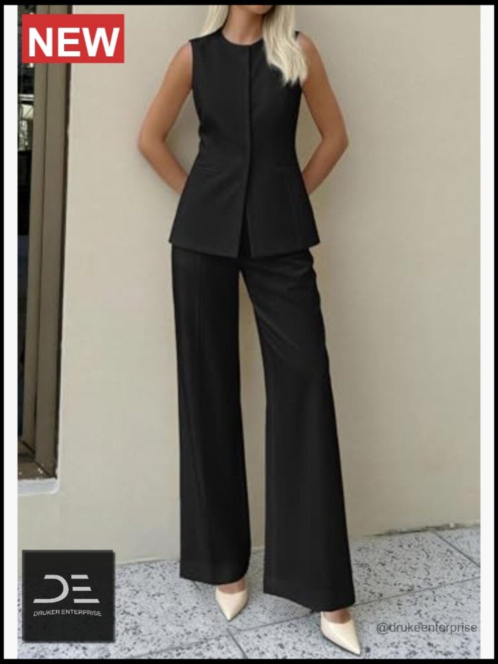 2 Piece Vest and Wide Leg Pants Set - Sleeveless Blazer Suit - Business Casual - Picture 3 of 7